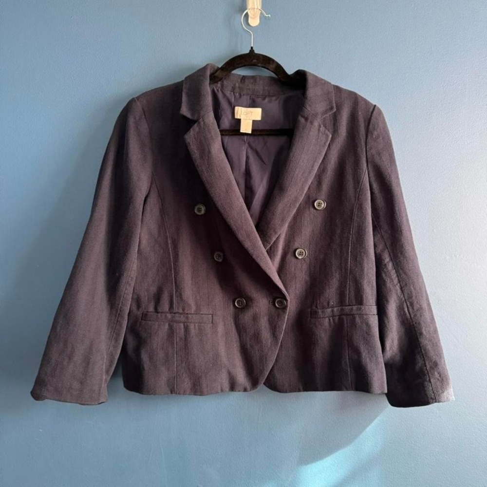 Loft Linen Blend Cropped Blazer Jacket Women's‎ Size 8 Navy Blue Preppy Classic